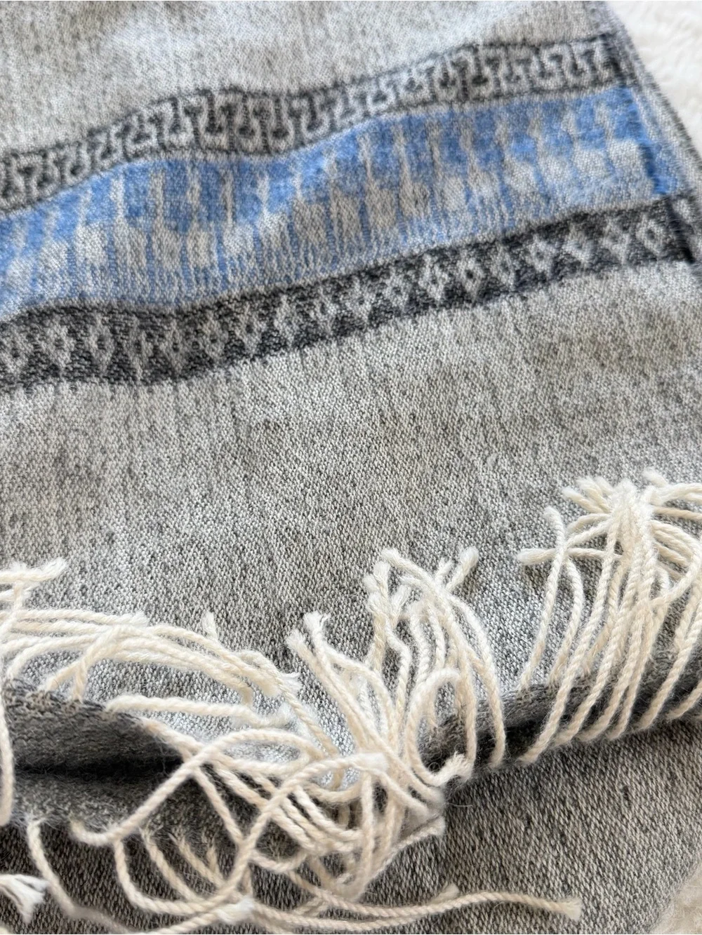 100% Baby Alpaca Scarf Gray Blue Geometric Fringe Peru Soft Luxury 64”